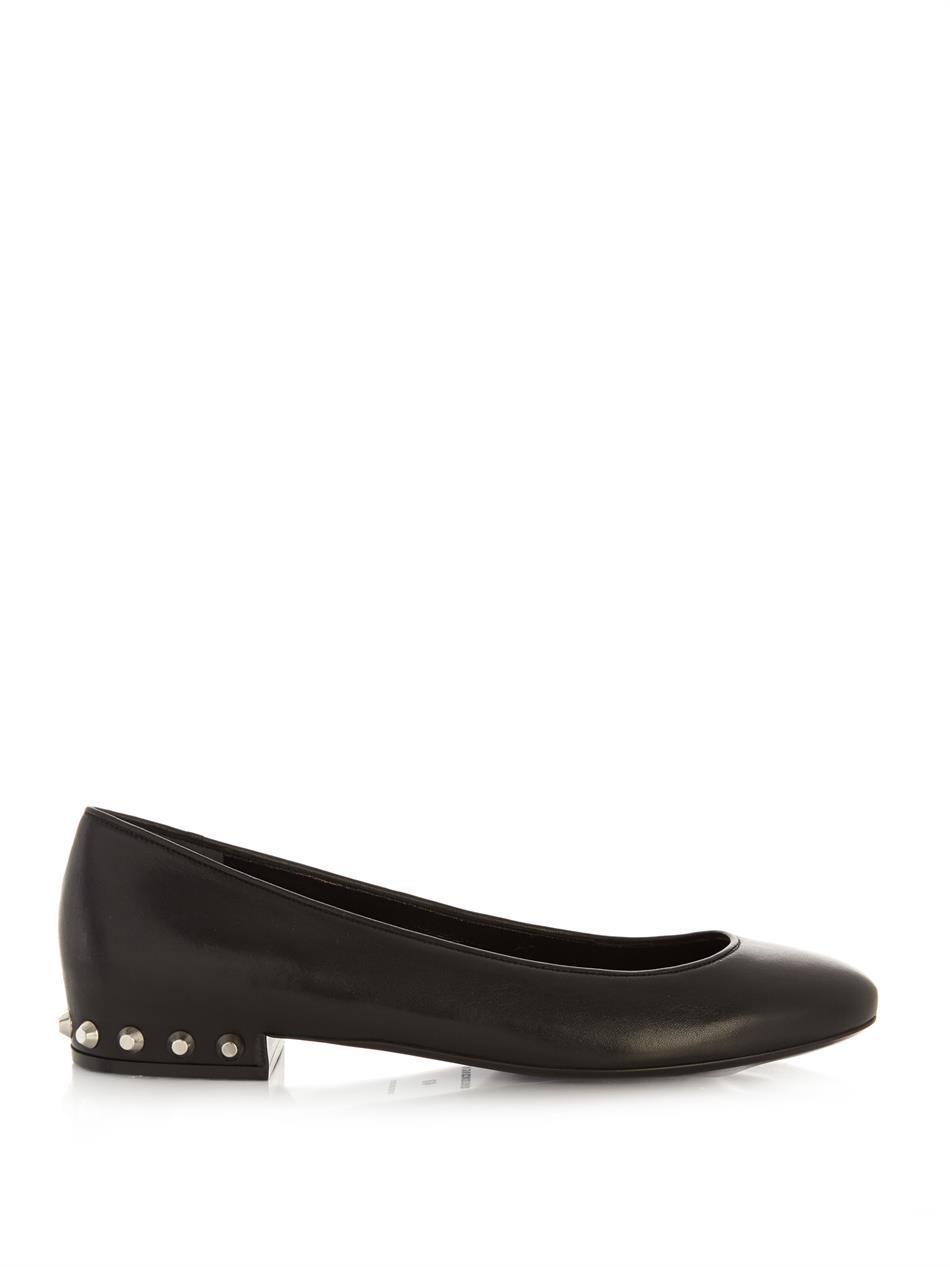 Stud Embellished Leather Flats - predominant colour: black; occasions: casual, creative work; material: leather; heel height: flat; embellishment: studs; toe: round toe; style: ballerinas / pumps; finish: plain; pattern: plain; season: a/w 2014