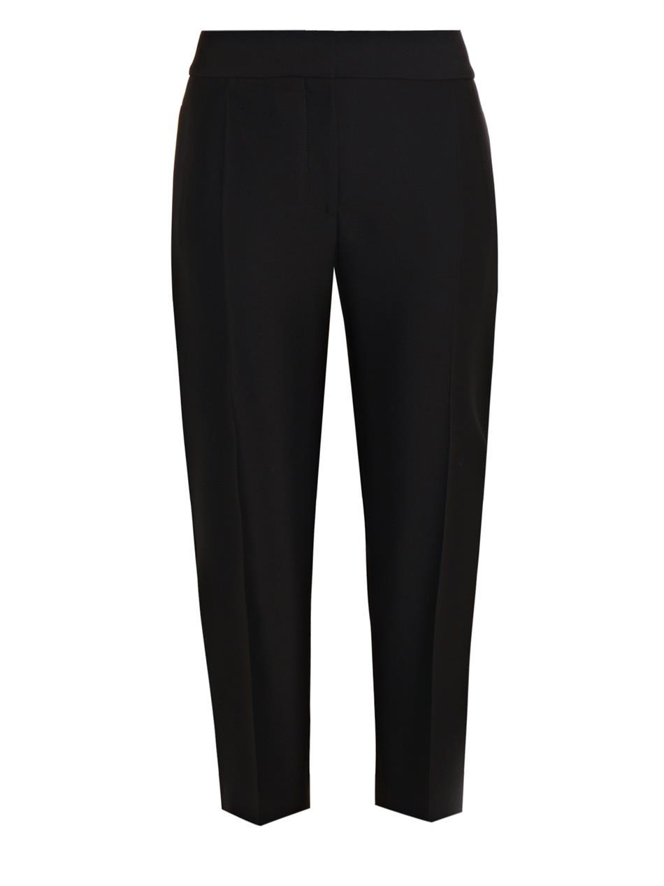 Carrot Leg Cropped Trousers - pattern: plain; waist: mid/regular rise; predominant colour: black; occasions: casual, work, creative work; length: calf length; fibres: wool - mix; fit: tapered; texture group: woven light midweight; style: standard; season: a/w 2014