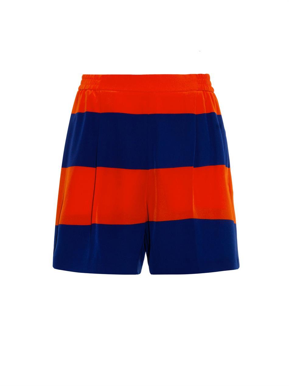 Zanda Striped Silk Shorts - waist: high rise; predominant colour: navy; secondary colour: bright orange; occasions: casual, evening; fibres: silk - 100%; texture group: silky - light; pattern type: fabric; season: a/w 2014; pattern size: standard (bottom); pattern: horizontal stripes (bottom); style: culotte; length: mid thigh shorts; fit: a-line