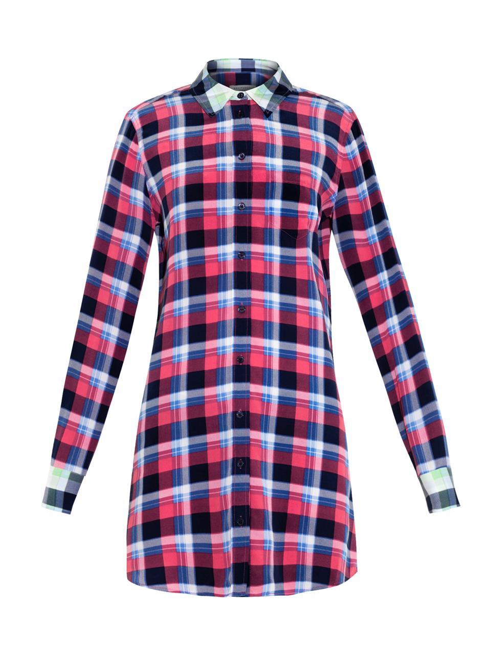 Brett Plaid Print Silk Shirtdress - style: shirt; length: mid thigh; neckline: shirt collar/peter pan/zip with opening; pattern: checked/gingham; occasions: casual, creative work; fit: straight cut; fibres: silk - mix; predominant colour: multicoloured; sleeve length: long sleeve; sleeve style: standard; texture group: silky - light; pattern type: fabric; pattern size: standard; season: a/w 2014; multicoloured: multicoloured