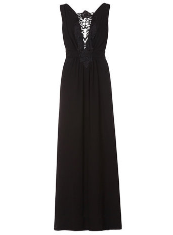 Womens **Elise Ryan Barocque Trim Maxi Black - neckline: v-neck; pattern: plain; sleeve style: sleeveless; style: maxi dress; length: ankle length; bust detail: added detail/embellishment at bust; predominant colour: black; occasions: evening, occasion; fit: fitted at waist & bust; fibres: viscose/rayon - stretch; hip detail: soft pleats at hip/draping at hip/flared at hip; sleeve length: sleeveless; pattern type: fabric; texture group: other - light to midweight; season: a/w 2014