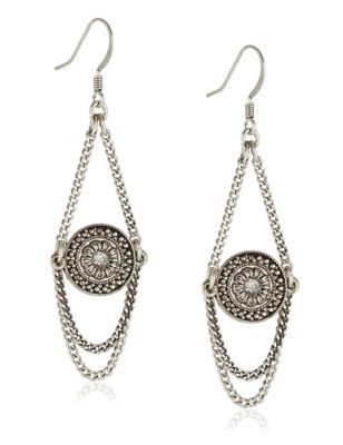 Disc Charm Drop Earrings - predominant colour: silver; occasions: evening, occasion; style: drop; length: mid; size: standard; material: chain/metal; fastening: pierced; finish: metallic; embellishment: chain/metal; season: s/s 2015