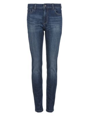 Washed Skinny Jeans - length: standard; pattern: plain; pocket detail: traditional 5 pocket; style: slim leg; waist: mid/regular rise; predominant colour: navy; occasions: casual, creative work; fibres: cotton - stretch; jeans detail: whiskering, shading down centre of thigh; jeans & bottoms detail: turn ups; texture group: denim; pattern type: fabric; season: s/s 2015