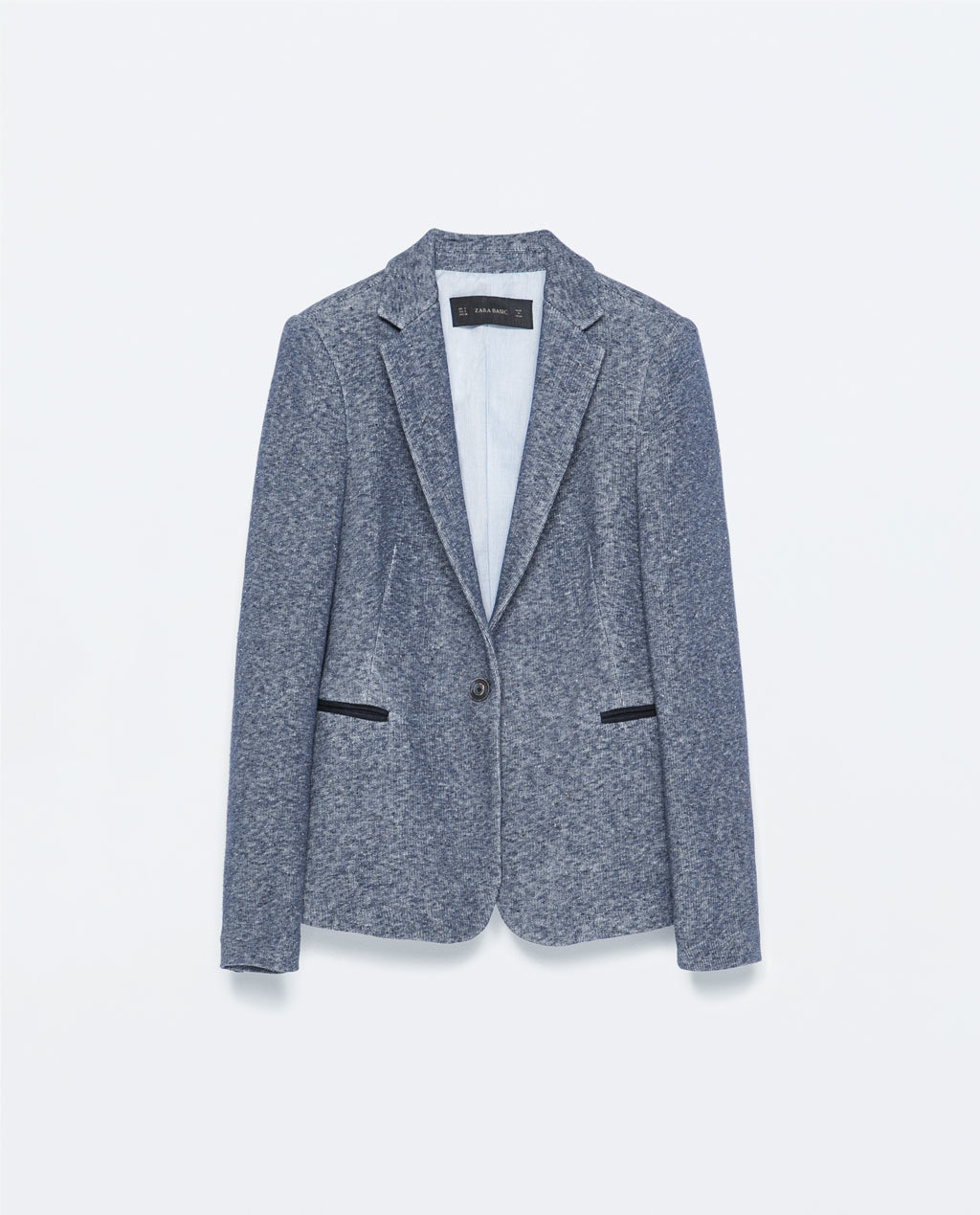 Jacket - style: single breasted blazer; collar: standard lapel/rever collar; pattern: herringbone/tweed; predominant colour: navy; occasions: casual, work, creative work; length: standard; fit: tailored/fitted; fibres: cotton - mix; hip detail: subtle/flattering hip detail; sleeve length: long sleeve; sleeve style: standard; collar break: low/open; pattern type: fabric; pattern size: standard; texture group: woven light midweight; season: s/s 2015; wardrobe: basic