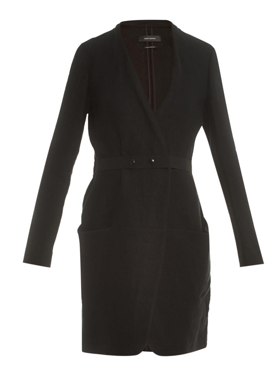 Ivana Linen Blend Wrap Dress - style: faux wrap/wrap; neckline: low v-neck; pattern: plain; hip detail: front pockets at hip; waist detail: belted waist/tie at waist/drawstring; predominant colour: black; occasions: casual, work, creative work; length: just above the knee; fit: body skimming; fibres: linen - mix; sleeve length: long sleeve; sleeve style: standard; texture group: linen; season: s/s 2015