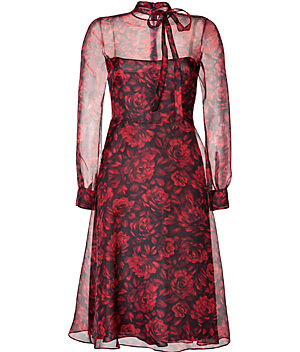Silk Organza Floral Print Dress In Black/Red Florals - length: below the knee; neckline: high neck; shoulder detail: contrast pattern/fabric at shoulder; predominant colour: true red; secondary colour: black; occasions: evening, occasion; fit: fitted at waist & bust; style: fit & flare; fibres: silk - 100%; sleeve length: long sleeve; sleeve style: standard; texture group: sheer fabrics/chiffon/organza etc.; pattern type: fabric; pattern size: standard; pattern: florals; trends: sheer indulgence; season: s/s 2015