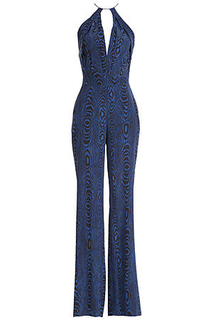 Ireland Printed Silk Jumpsuit Blue - length: standard; neckline: plunge; sleeve style: spaghetti straps; predominant colour: royal blue; secondary colour: black; occasions: evening; fit: body skimming; fibres: silk - mix; sleeve length: sleeveless; style: jumpsuit; pattern type: fabric; pattern size: standard; pattern: patterned/print; texture group: jersey - stretchy/drapey; trends: seventies retro; season: s/s 2015