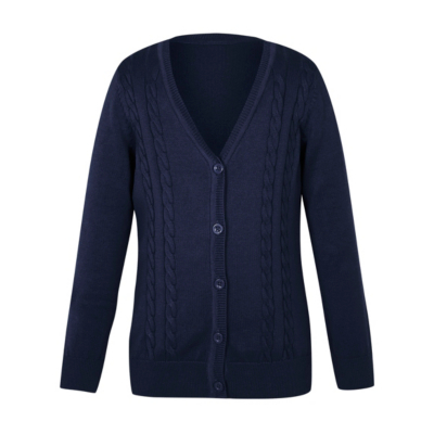 Girls School V Neck Cable Cardigan Navy - neckline: low v-neck; pattern: cable knit; predominant colour: navy; occasions: casual, work, creative work; length: standard; style: standard; fibres: wool - mix; fit: standard fit; sleeve length: long sleeve; sleeve style: standard; texture group: knits/crochet; pattern type: knitted - other; season: s/s 2015