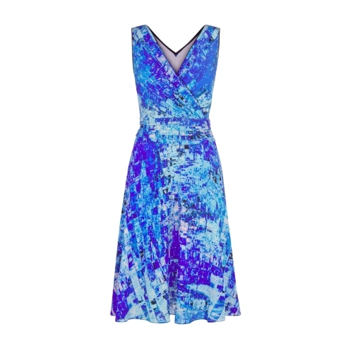 Cosmos Dress - style: faux wrap/wrap; neckline: low v-neck; sleeve style: sleeveless; back detail: low cut/open back; predominant colour: diva blue; secondary colour: turquoise; occasions: evening, occasion; length: on the knee; fit: fitted at waist & bust; fibres: silk - 100%; hip detail: soft pleats at hip/draping at hip/flared at hip; sleeve length: sleeveless; texture group: silky - light; pattern type: fabric; pattern size: big & busy; pattern: patterned/print; season: s/s 2015