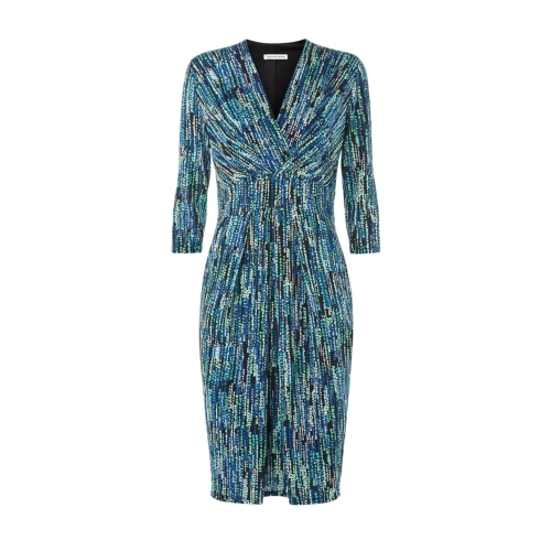 Freesia Dress - style: shift; neckline: v-neck; occasions: casual, evening, creative work; length: just above the knee; fit: body skimming; fibres: viscose/rayon - stretch; predominant colour: multicoloured; sleeve length: 3/4 length; sleeve style: standard; pattern type: fabric; pattern size: standard; pattern: patterned/print; texture group: jersey - stretchy/drapey; season: s/s 2015; multicoloured: multicoloured