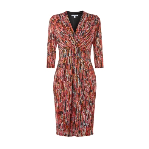 Freesia Dress - style: shift; neckline: v-neck; occasions: casual, evening, creative work; length: just above the knee; fit: body skimming; fibres: viscose/rayon - stretch; predominant colour: multicoloured; sleeve length: 3/4 length; sleeve style: standard; pattern type: fabric; pattern size: big & busy; pattern: patterned/print; texture group: jersey - stretchy/drapey; season: s/s 2015; multicoloured: multicoloured