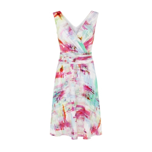 Sea Holly Dress - style: faux wrap/wrap; neckline: low v-neck; sleeve style: sleeveless; back detail: low cut/open back; bust detail: ruching/gathering/draping/layers/pintuck pleats at bust; occasions: evening, occasion; length: on the knee; fit: fitted at waist & bust; fibres: silk - 100%; hip detail: soft pleats at hip/draping at hip/flared at hip; predominant colour: multicoloured; sleeve length: sleeveless; pattern type: fabric; pattern size: big & busy; pattern: patterned/print; texture group: other - light to midweight; season: s/s 2015; multicoloured: multicoloured