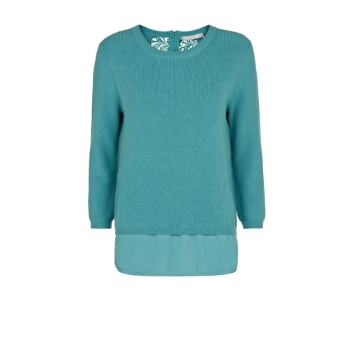 Indigo Jumper - neckline: round neck; pattern: plain; length: below the bottom; style: standard; predominant colour: teal; occasions: casual, creative work; fibres: cotton - mix; fit: slim fit; sleeve length: 3/4 length; sleeve style: standard; texture group: knits/crochet; pattern type: knitted - fine stitch; season: s/s 2015
