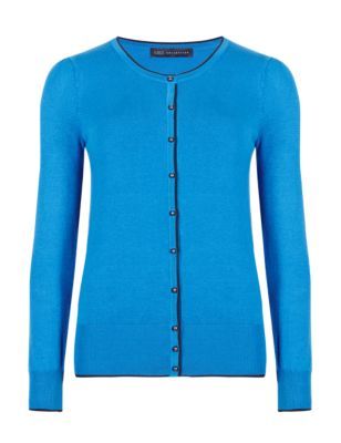 Bobble Button Tipped Cardigan - neckline: round neck; pattern: plain; predominant colour: diva blue; occasions: casual, creative work; length: standard; style: standard; fit: slim fit; sleeve length: long sleeve; sleeve style: standard; texture group: knits/crochet; pattern type: knitted - fine stitch; pattern size: standard; fibres: viscose/rayon - mix; season: s/s 2015