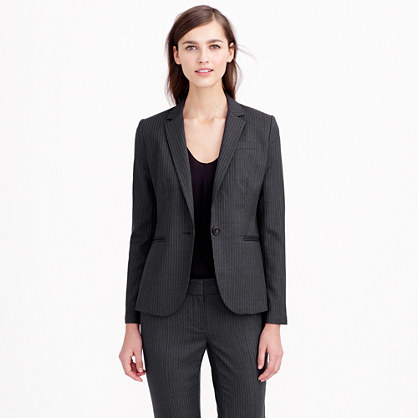 Petite Campbell Blazer In Pinstripe Super 120s Wool - style: single breasted blazer; pattern: pinstripe; collar: standard lapel/rever collar; predominant colour: charcoal; occasions: work, creative work; length: standard; fit: tailored/fitted; fibres: wool - 100%; sleeve length: long sleeve; sleeve style: standard; collar break: medium; pattern type: fabric; pattern size: standard; texture group: woven light midweight; season: s/s 2015