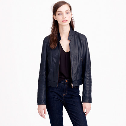 Collection Standing Collar Leather Jacket - pattern: plain; collar: round collar/collarless; style: bomber; predominant colour: navy; occasions: casual, evening, creative work; length: standard; fit: straight cut (boxy); fibres: leather - 100%; sleeve length: long sleeve; sleeve style: standard; texture group: leather; collar break: high; pattern type: fabric; season: s/s 2015