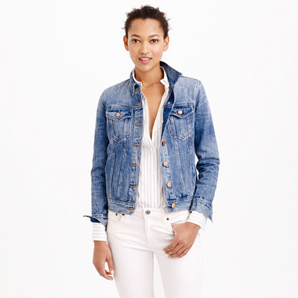 Petite Denim Jacket In Tyler Wash - pattern: plain; style: denim; predominant colour: denim; occasions: casual; length: standard; fit: straight cut (boxy); fibres: cotton - stretch; collar: shirt collar/peter pan/zip with opening; sleeve length: long sleeve; sleeve style: standard; texture group: denim; collar break: high/illusion of break when open; pattern type: fabric; season: s/s 2015