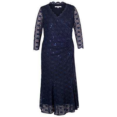Scallop Lace Sequin Trim Dress, Navy - style: faux wrap/wrap; length: calf length; neckline: low v-neck; predominant colour: navy; occasions: evening, occasion; fit: body skimming; fibres: silk - mix; sleeve length: 3/4 length; sleeve style: standard; texture group: lace; pattern type: fabric; pattern: patterned/print; embellishment: sequins; season: s/s 2015