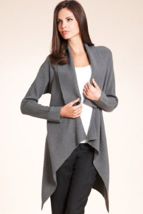 Pure Cashmere Shawl Collar Waterfall Cardigan - pattern: plain; neckline: waterfall neck; hip detail: asymmetric hem falling at hip level; bust detail: ruching/gathering/draping/layers/pintuck pleats at bust; length: above the knee; predominant colour: charcoal; occasions: casual, work; trends: heritage, knitwear; fibres: wool - 100%; fit: loose; sleeve length: long sleeve; sleeve style: standard; pattern type: knitted - other; pattern size: standard