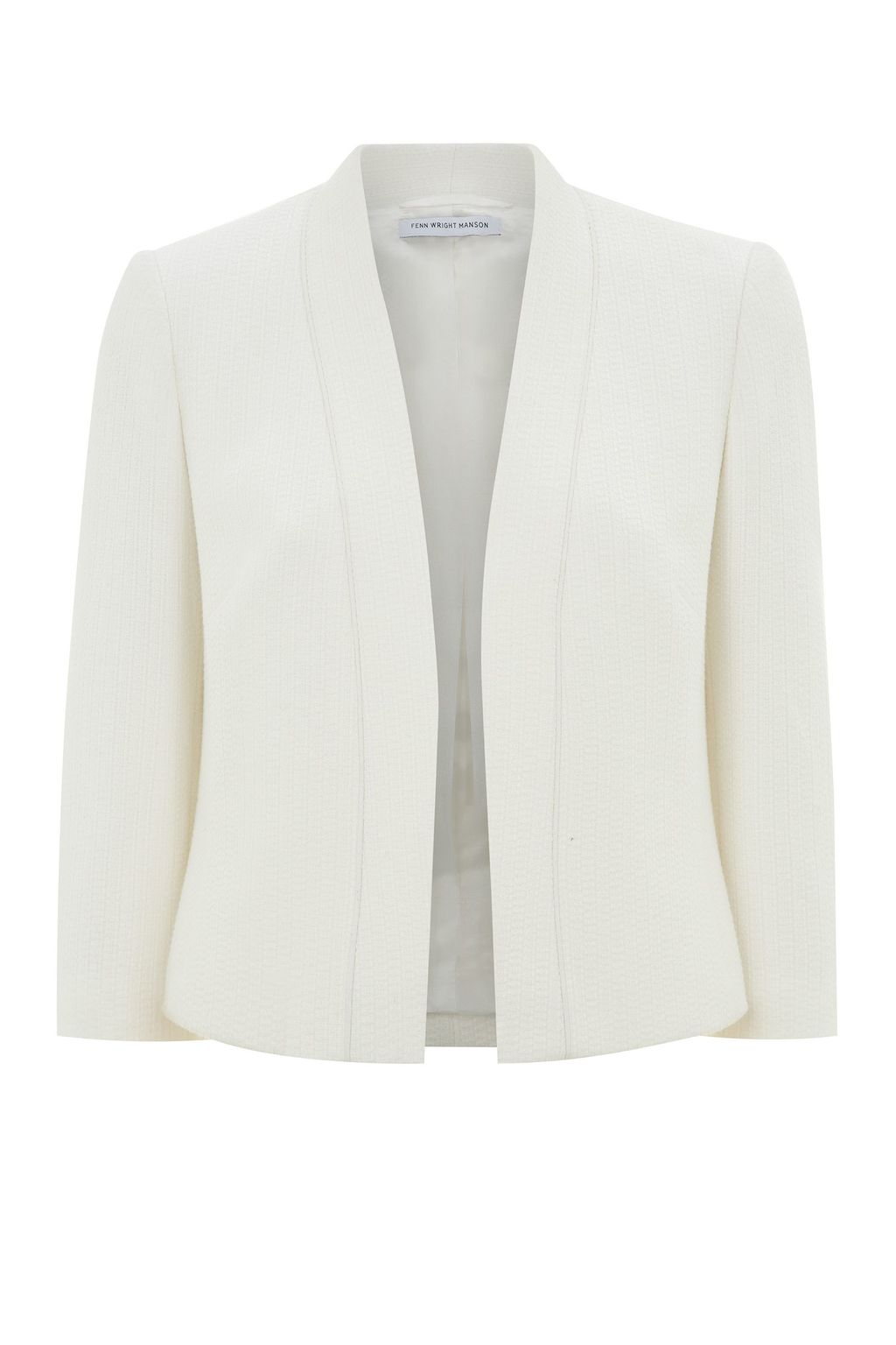 Magnolia Jacket, Cream - pattern: plain; style: single breasted blazer; collar: round collar/collarless; predominant colour: ivory/cream; length: standard; fit: tailored/fitted; fibres: cotton - mix; occasions: occasion, creative work; sleeve length: 3/4 length; sleeve style: standard; collar break: low/open; pattern type: fabric; texture group: woven light midweight; season: s/s 2015
