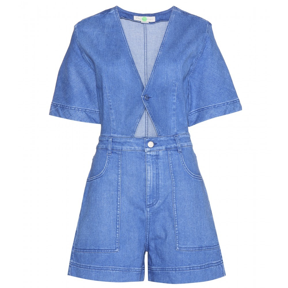 Cut Out Denim Playsuit - neckline: low v-neck; sleeve style: spaghetti straps; fit: tailored/fitted; pattern: plain; length: mid thigh shorts; predominant colour: denim; occasions: casual; fibres: cotton - 100%; waist detail: cut out detail; sleeve length: sleeveless; texture group: denim; style: playsuit; pattern type: fabric; trends: alternative denim; season: s/s 2015