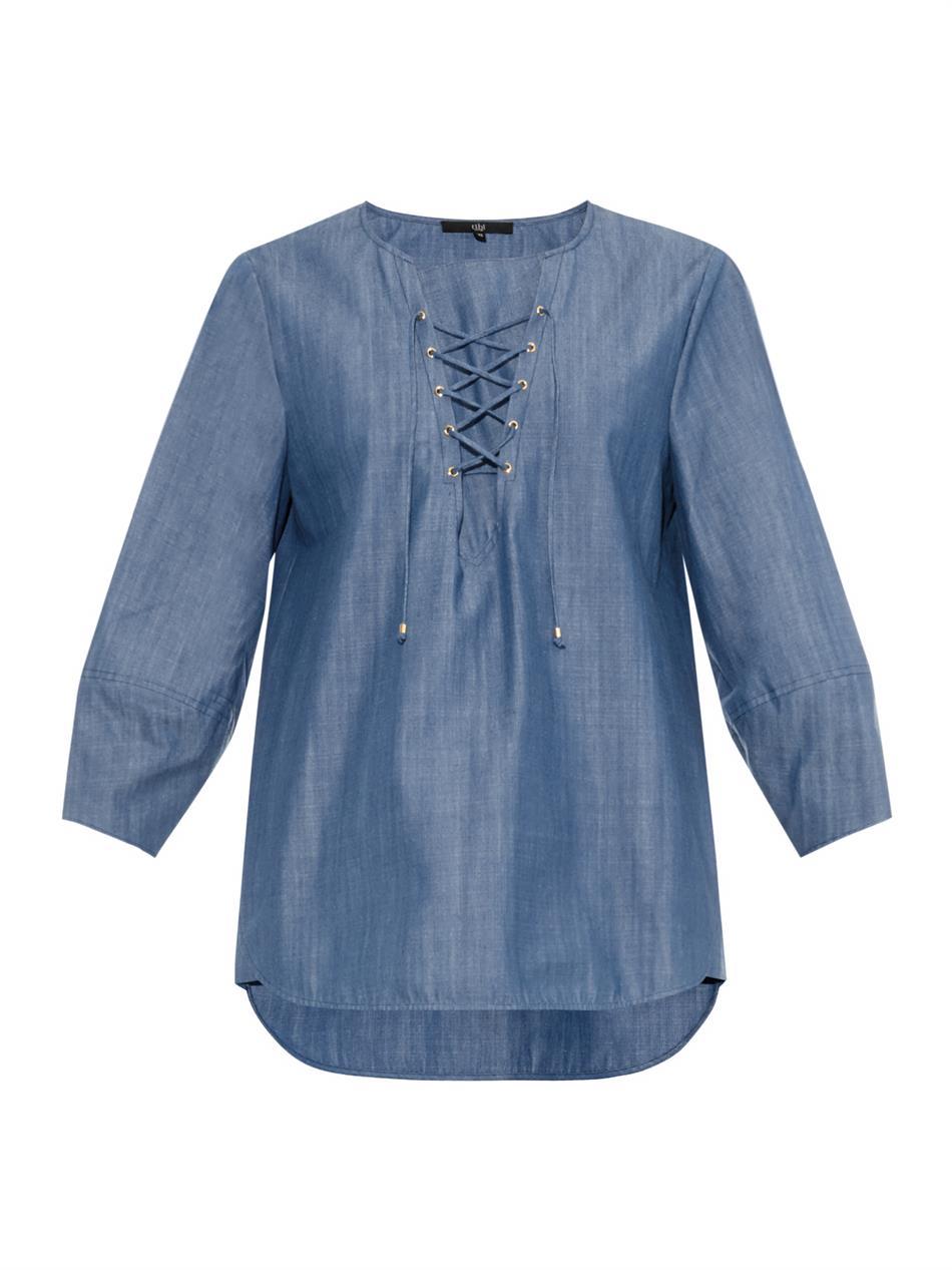 Seafarer Lace Front Lightweight Denim Top - neckline: v-neck; pattern: plain; length: below the bottom; predominant colour: denim; occasions: casual, creative work; style: top; fibres: cotton - stretch; fit: body skimming; back detail: longer hem at back than at front; sleeve length: 3/4 length; sleeve style: standard; texture group: denim; pattern type: fabric; season: s/s 2015