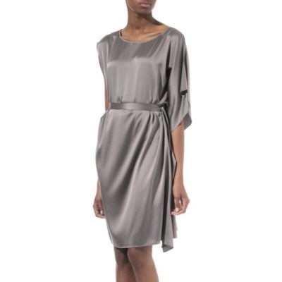 Dileen Silk Dress - style: shift; neckline: round neck; pattern: plain; sleeve: asymmetric sleeve; waist detail: fitted waist, twist front waist detail/nipped in at waist on one side/soft pleats/draping/ruching/gathering waist detail, belted waist/belt detail/tie at waist; shoulder detail: tiers/frills/ruffles/ruching/gathering at shoulder; hip detail: ruching at hip; predominant colour: mid grey; occasions: evening wear; length: just above the knee; fit: body skimming; trends: evening wear; material: silk mix; material texture: satin