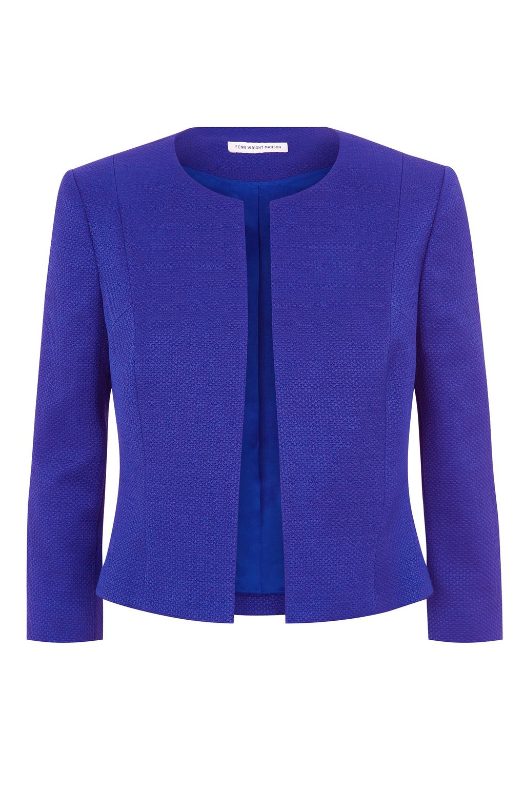 Delphinium Dress, Blue - pattern: plain; style: single breasted blazer; collar: round collar/collarless; predominant colour: purple; occasions: evening, occasion; length: standard; fit: tailored/fitted; sleeve length: 3/4 length; sleeve style: standard; collar break: low/open; pattern type: fabric; texture group: woven light midweight; season: s/s 2015