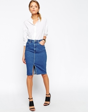 Denim Split Front Midi Pencil Skirt In Midwash Blue Blue - pattern: plain; style: pencil; fit: tailored/fitted; waist: high rise; predominant colour: black; occasions: casual, creative work; length: on the knee; fibres: cotton - stretch; texture group: denim; pattern type: fabric; season: s/s 2015
