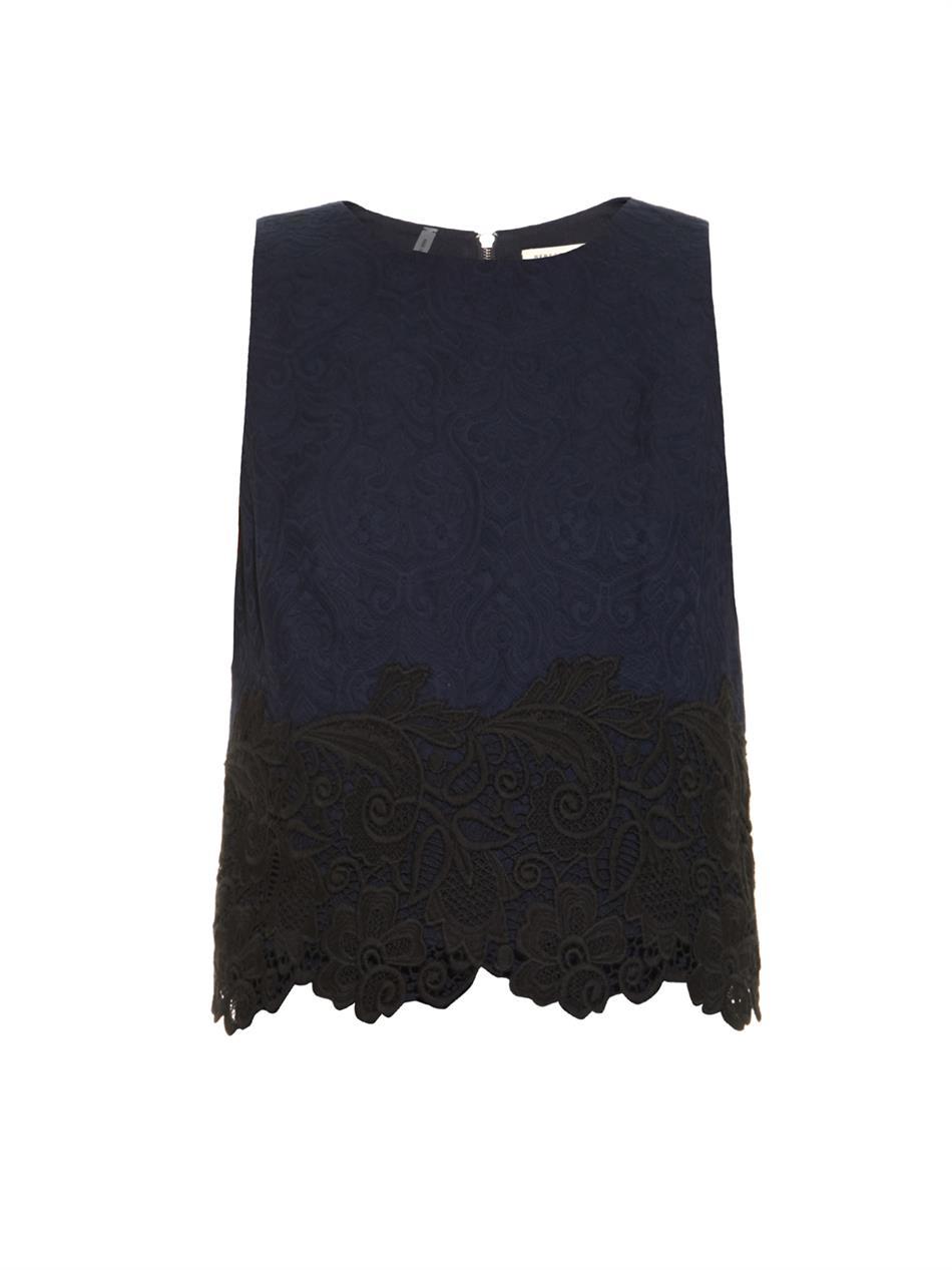 Matelassé And Lace Cropped Top - pattern: plain; sleeve style: sleeveless; length: cropped; predominant colour: navy; secondary colour: black; occasions: evening; style: top; fibres: cotton - stretch; fit: straight cut; neckline: crew; sleeve length: sleeveless; texture group: lace; pattern type: fabric; season: s/s 2015