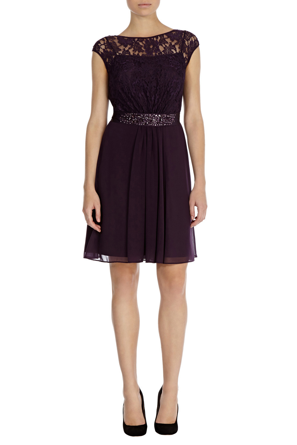 Lori Lee Lace Short Dress - style: shift; neckline: slash/boat neckline; sleeve style: capped; fit: fitted at waist; pattern: plain; waist detail: embellishment at waist/feature waistband; predominant colour: black; occasions: evening, occasion; length: just above the knee; fibres: polyester/polyamide - 100%; sleeve length: short sleeve; texture group: sheer fabrics/chiffon/organza etc.; pattern type: fabric; embellishment: lace; season: s/s 2015