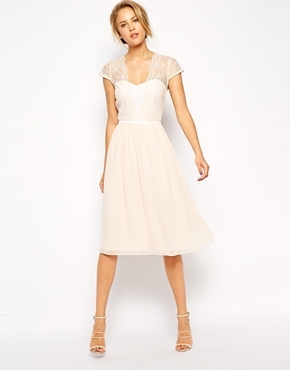 Scallop Lace Midi Dress Nude - neckline: low v-neck; sleeve style: capped; pattern: plain; predominant colour: nude; occasions: evening, occasion; length: on the knee; fit: fitted at waist & bust; style: fit & flare; sleeve length: short sleeve; texture group: sheer fabrics/chiffon/organza etc.; shoulder detail: sheer at shoulder; season: s/s 2015