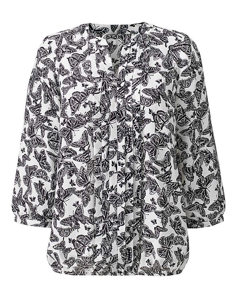 Butterfly Pleat Detail Blouse - sleeve style: balloon; style: blouse; predominant colour: black; occasions: casual, work, creative work; length: standard; neckline: collarstand & mandarin with v-neck; fibres: polyester/polyamide - 100%; fit: straight cut; sleeve length: 3/4 length; pattern type: fabric; pattern: patterned/print; texture group: other - light to midweight; season: s/s 2015; pattern size: big & busy (top)