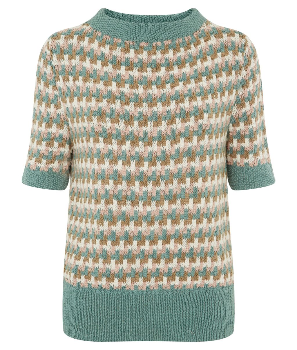 Rowena Short Sleeved Jumper, Blue - neckline: high neck; style: standard; occasions: casual, creative work; length: standard; fibres: cotton - 100%; fit: standard fit; predominant colour: multicoloured; sleeve length: half sleeve; sleeve style: standard; texture group: knits/crochet; pattern type: knitted - fine stitch; pattern: patterned/print; season: s/s 2015; pattern size: big & busy (top); multicoloured: multicoloured
