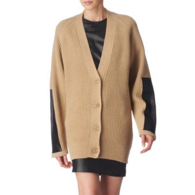 Leather Patch Cardigan - neckline: v-neck; length: below the bottom; predominant colour: camel; occasions: casual; style: standard; trends: knitwear; fibres: wool - 100%; sleeve length: long sleeve; sleeve style: standard