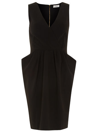 Womens **Closet Black Cross Over Dress Black - neckline: low v-neck; fit: tailored/fitted; pattern: plain; sleeve style: sleeveless; style: lantern shaped; predominant colour: black; occasions: evening, occasion; length: just above the knee; fibres: polyester/polyamide - stretch; hip detail: structured pleats at hip; sleeve length: sleeveless; pattern type: fabric; texture group: other - light to midweight; season: s/s 2015