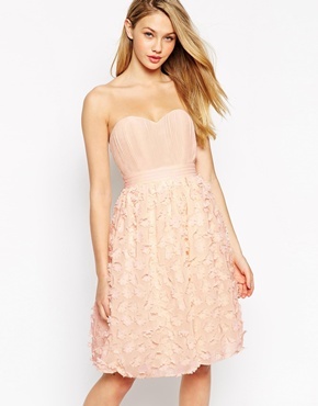 Bandeau Prom Dress With 3 D Floral Applique Skirt Nude - neckline: strapless (straight/sweetheart); pattern: plain; sleeve style: strapless; predominant colour: nude; occasions: evening, occasion; length: on the knee; fit: fitted at waist & bust; style: fit & flare; fibres: polyester/polyamide - 100%; sleeve length: sleeveless; pattern type: fabric; texture group: other - light to midweight; season: s/s 2015