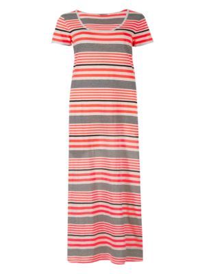 Scoop Neck Striped Maxi Dress - pattern: horizontal stripes; style: maxi dress; length: ankle length; predominant colour: coral; secondary colour: mid grey; occasions: casual; fit: body skimming; neckline: scoop; fibres: cotton - mix; sleeve length: short sleeve; sleeve style: standard; pattern type: fabric; pattern size: standard; texture group: jersey - stretchy/drapey; season: s/s 2015