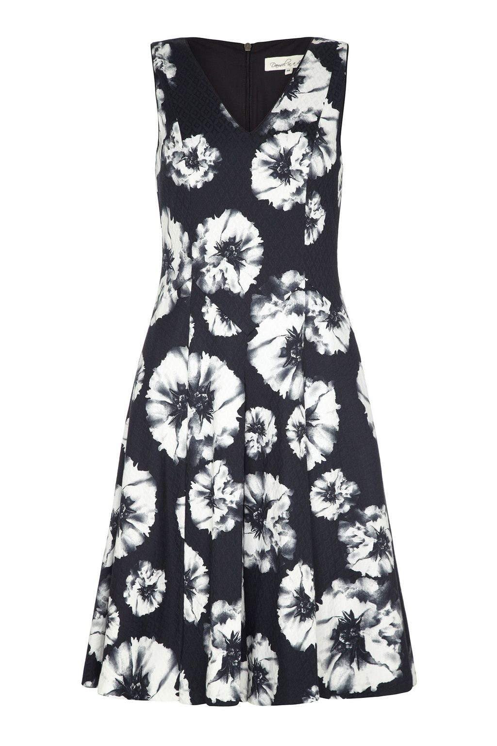 Reflections Dress, Black - neckline: v-neck; sleeve style: sleeveless; secondary colour: white; predominant colour: navy; occasions: evening, occasion; length: just above the knee; fit: fitted at waist & bust; style: fit & flare; fibres: cotton - stretch; hip detail: soft pleats at hip/draping at hip/flared at hip; sleeve length: sleeveless; pattern type: fabric; pattern size: standard; pattern: florals; texture group: woven light midweight; trends: exotic blooms; season: s/s 2015