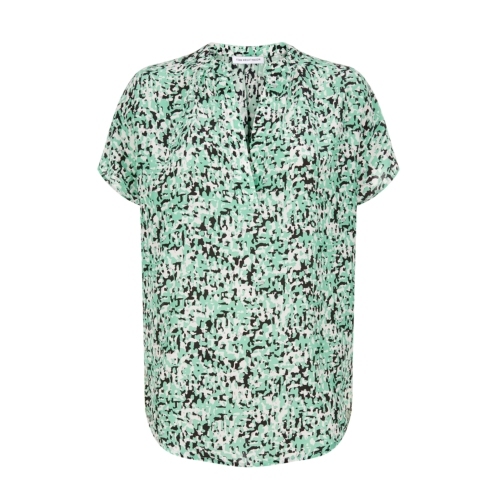 Cosmos Top - style: blouse; predominant colour: pistachio; secondary colour: black; occasions: casual, evening, creative work; length: standard; neckline: collarstand & mandarin with v-neck; fibres: silk - 100%; fit: straight cut; sleeve length: short sleeve; sleeve style: standard; texture group: silky - light; pattern type: fabric; pattern size: standard; pattern: patterned/print; season: s/s 2015