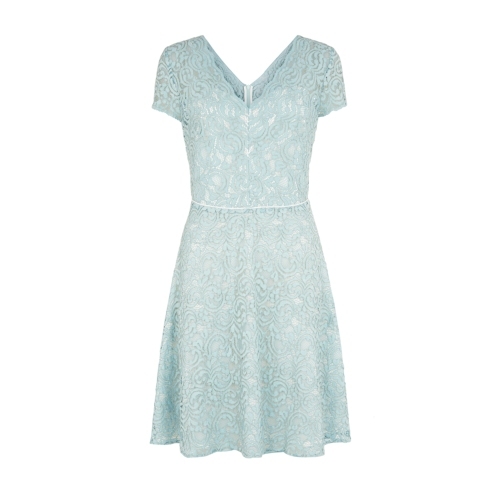 Gardenia Dress - neckline: v-neck; pattern: plain; predominant colour: pistachio; occasions: evening, occasion; length: just above the knee; fit: fitted at waist & bust; style: fit & flare; fibres: nylon - mix; sleeve length: short sleeve; sleeve style: standard; texture group: lace; season: s/s 2015