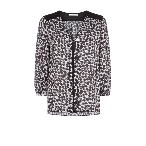 Sorrell Top - neckline: low v-neck; style: blouse; secondary colour: white; predominant colour: black; occasions: casual, evening, creative work; length: standard; fibres: polyester/polyamide - 100%; fit: body skimming; sleeve length: 3/4 length; sleeve style: standard; texture group: sheer fabrics/chiffon/organza etc.; pattern type: fabric; pattern size: standard; pattern: patterned/print; season: s/s 2015
