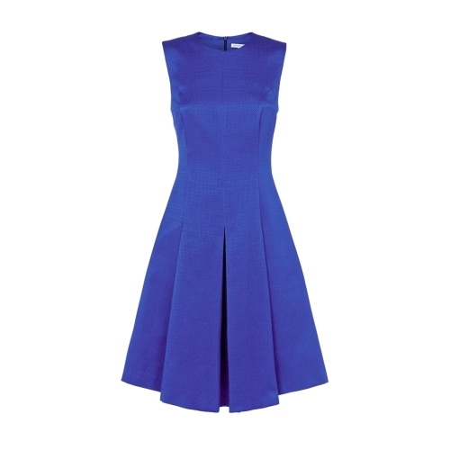 Delphinium Dress Blue - length: below the knee; pattern: plain; sleeve style: sleeveless; style: prom dress; predominant colour: royal blue; occasions: evening, occasion; fit: fitted at waist & bust; fibres: cotton - 100%; neckline: crew; hip detail: structured pleats at hip; sleeve length: sleeveless; pattern type: fabric; texture group: brocade/jacquard; season: s/s 2015