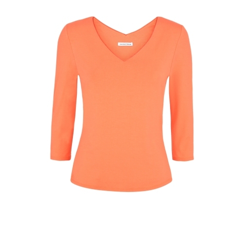 Daphne Top Orange - neckline: low v-neck; pattern: plain; predominant colour: bright orange; occasions: casual, creative work; length: standard; style: top; fibres: viscose/rayon - stretch; fit: body skimming; sleeve length: 3/4 length; sleeve style: standard; pattern type: fabric; texture group: jersey - stretchy/drapey; season: s/s 2015