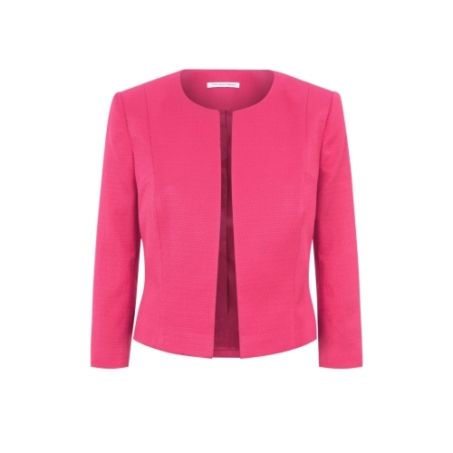 Delphine Jacket - pattern: plain; style: single breasted blazer; collar: round collar/collarless; predominant colour: hot pink; occasions: casual, occasion, creative work; length: standard; fit: tailored/fitted; fibres: cotton - 100%; sleeve length: long sleeve; sleeve style: standard; collar break: high; texture group: woven light midweight; season: s/s 2015