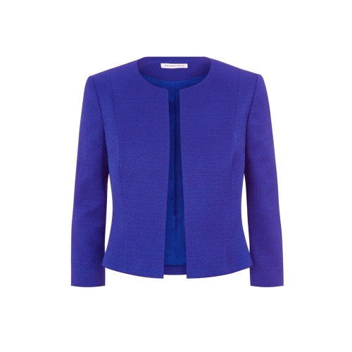 Delphine Jacket - pattern: plain; style: single breasted blazer; collar: round collar/collarless; predominant colour: royal blue; occasions: work, occasion, creative work; length: standard; fit: tailored/fitted; fibres: cotton - 100%; sleeve length: 3/4 length; sleeve style: standard; texture group: cotton feel fabrics; collar break: high; season: s/s 2015