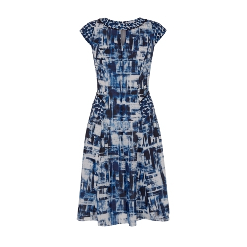 Aster Print Dress - sleeve style: capped; secondary colour: pale blue; predominant colour: navy; occasions: evening, occasion; length: on the knee; fit: fitted at waist & bust; style: fit & flare; neckline: peep hole neckline; sleeve length: short sleeve; pattern type: fabric; pattern: patterned/print; texture group: other - light to midweight; season: s/s 2015; multicoloured: multicoloured