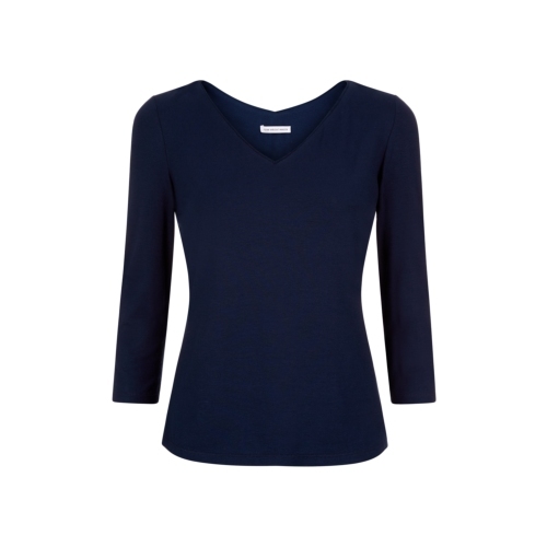 Daphne Top Navy - neckline: v-neck; pattern: plain; predominant colour: navy; occasions: casual, work, creative work; length: standard; style: top; fibres: viscose/rayon - stretch; fit: body skimming; sleeve length: 3/4 length; sleeve style: standard; pattern type: fabric; texture group: jersey - stretchy/drapey; season: s/s 2015