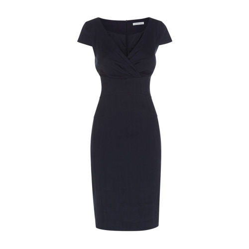 Libertia Dress - style: faux wrap/wrap; neckline: low v-neck; sleeve style: capped; fit: tailored/fitted; pattern: plain; predominant colour: navy; occasions: evening, creative work; length: on the knee; fibres: linen - 100%; sleeve length: short sleeve; texture group: linen; pattern type: fabric; season: s/s 2015