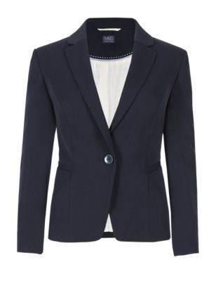 Welt Pocket Short Blazer With Buttonsafe™ - pattern: plain; style: single breasted blazer; collar: standard lapel/rever collar; predominant colour: navy; occasions: work; length: standard; fit: tailored/fitted; fibres: polyester/polyamide - stretch; sleeve length: long sleeve; sleeve style: standard; collar break: medium; pattern type: fabric; texture group: woven light midweight; season: s/s 2015; trends: softly structured